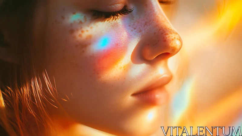 Freckled face in warm light with soft color reflections.