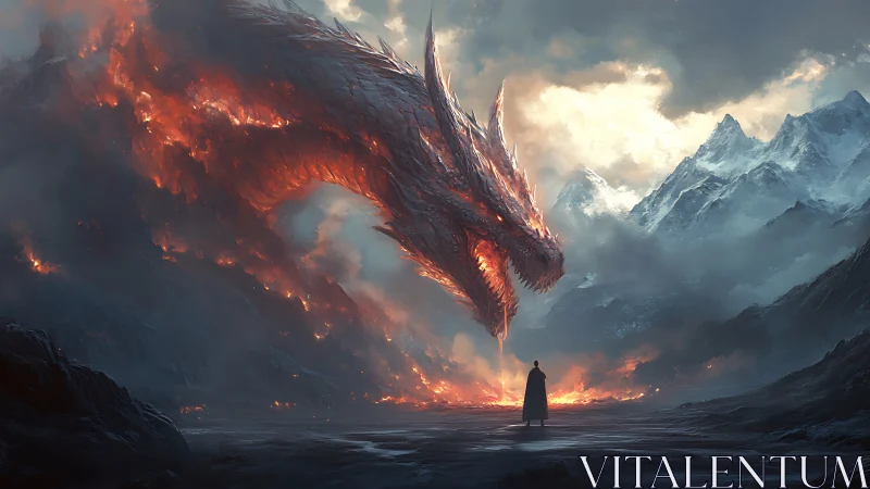 Blazing mountain dragon meets lone hero in a stormy valley