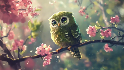 Cute green owl on cherry blossom branch in dreamy digital art.