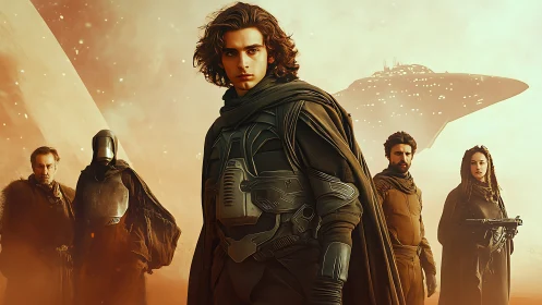 Young space hero stands strong with his determined crew.