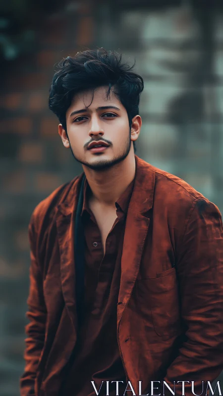 Rust velvet gaze in soft urban blur and moody daylight.