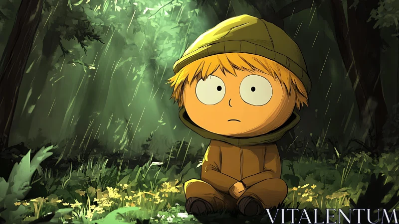 Rain-dappled forest daydream with wide-eyed hooded child.