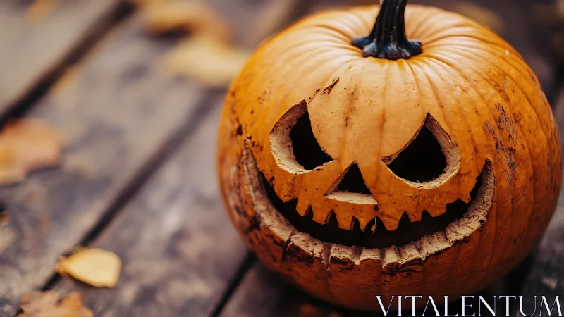 Carved jack-o’-lantern displays sinister grin on weathered boards