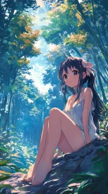 Seated girl in white dress is positioned on forest rock