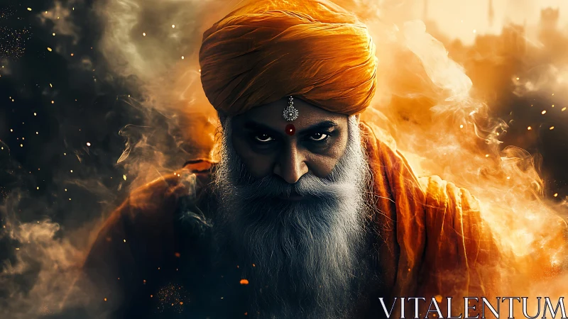 Mystic elder steps forward through swirling golden flames