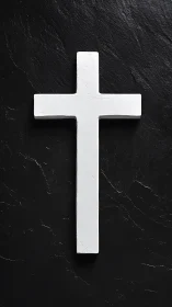 Minimalist white cross on textured black stone background.