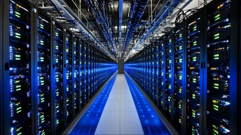 Symmetrical data center corridor with illuminated server racks.