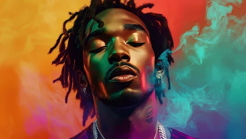 Digital painting portrait with prismatic smoke gradients.