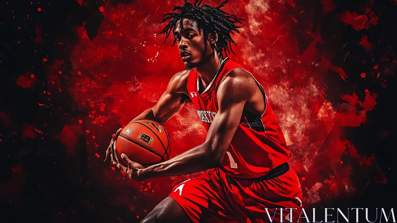 Explosive digital portrait of intense basketball player in red.