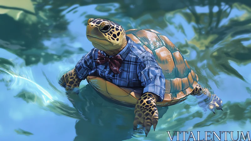 Dapper turtle in plaid shirt calmly glides through teal water