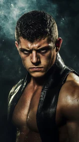 Low key muscular portrait with dramatic moisture sheen lighting