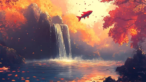 Golden forest waterfall with soaring koi in autumn light.
