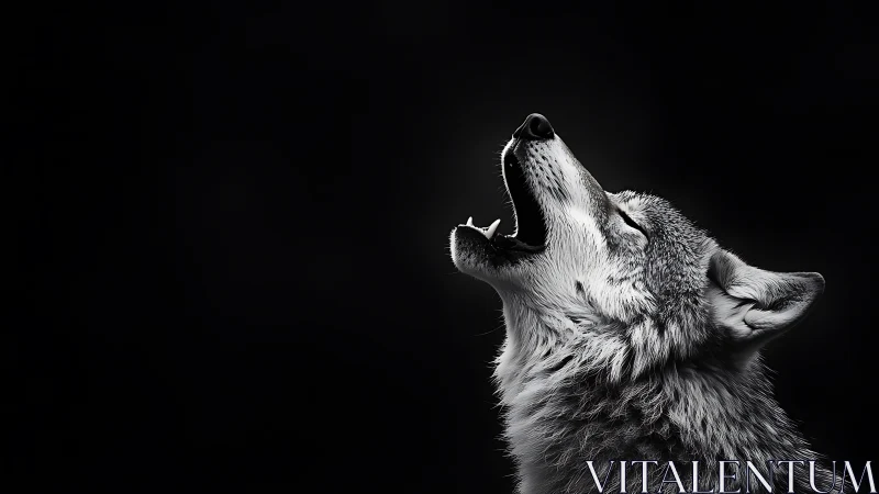 Howling wolf profile slices darkness with stark contrast.