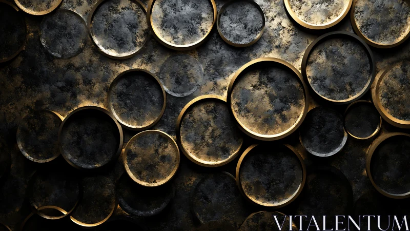 Golden metallic circles emerge from dark textured surface.