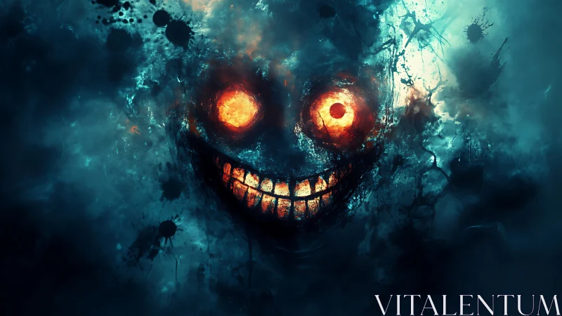 Molten-eyed nightmare visage in swirling cyan mist.