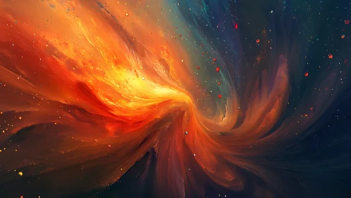 Molten orange nebula swirling through deep cosmic space.