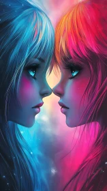 Dual-colored anime girls meet in glowing cosmic contrast.