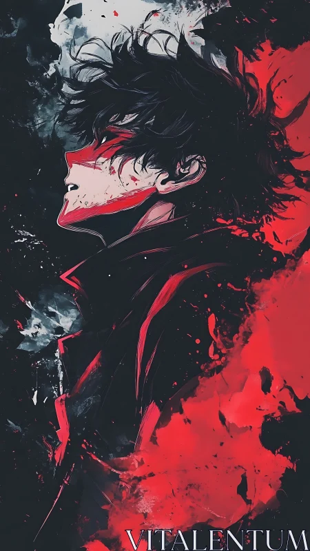 Brooding anime hero framed by violent red splashes