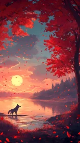 Gentle wolf at sunset lake framed by glowing red autumn trees.