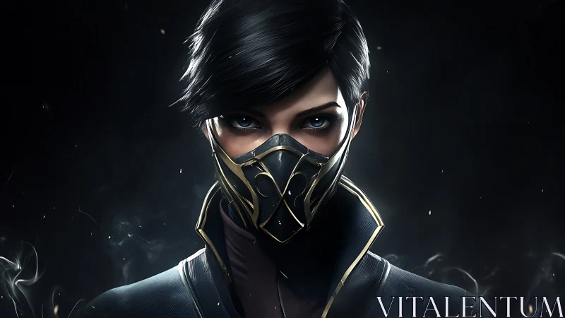 Masked futuristic character portrait on dark background.