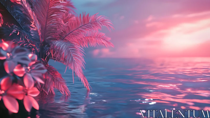 Neon dusk lagoon with cotton candy palms and tides.