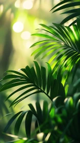 Palm leaves overlap in sharp focus against blurred light