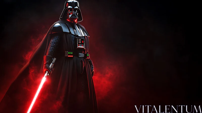 Helmeted armored figure holds red energy sword in smoke