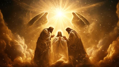 Radiant celestial gathering glows warmly among golden clouds