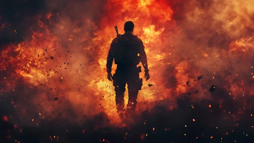 Soldier silhouette amid inferno. Action-packed warfare.