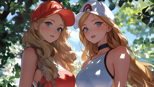 Sunlit twin friends sharing a bright summer afternoon together.