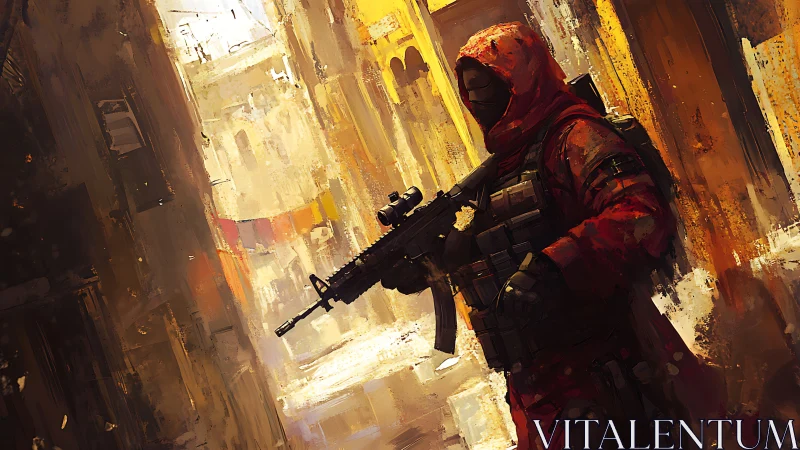 Hooded urban soldier advances through sunlit alleyway.
