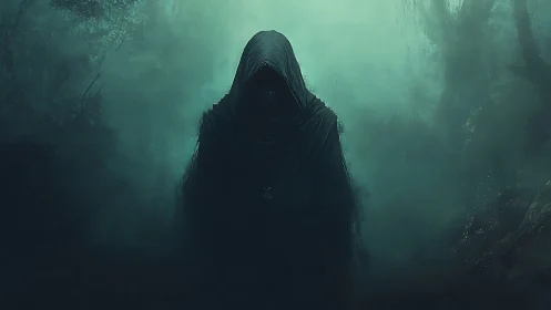 Mysterious cloaked wanderer emerging from a misty forest.
