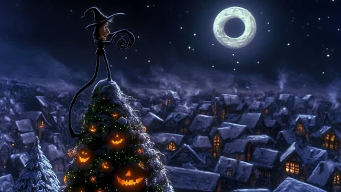 Stop-motion nocturnal townscape with lunar halo and tree