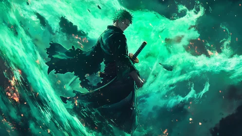 Sword-wielding warrior amid swirling green energy storm.