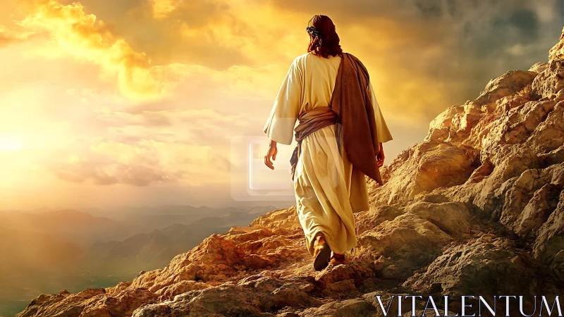 Sunlit wanderer climbs the burning-gold mountain path