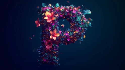 Floral letter P sculpture with luminous petals on dark field.