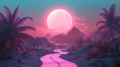 Neon moonrise bathes surreal tropical valley in pink light.