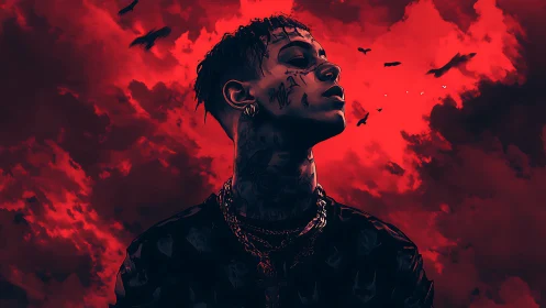 Crimson storm idol gazes skyward through raptured shadows.