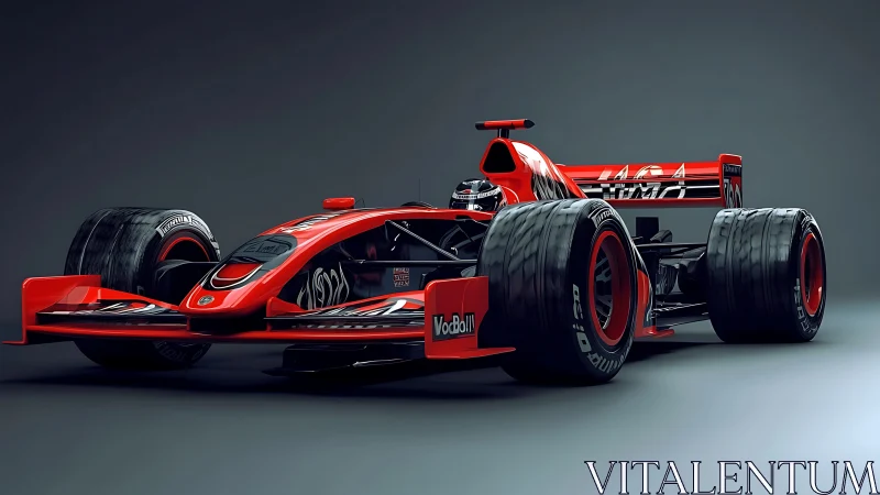 Red formula race car render on dark studio background.