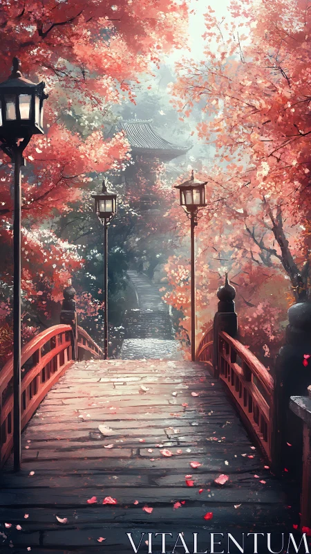 Autumn temple bridge under glowing lantern light at dusk.