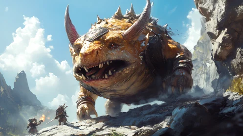 Giant horned monster confronts armed warriors in rocky pass.