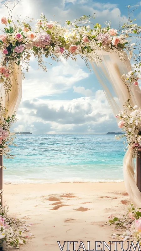 Floral beach wedding arch frames turquoise horizon with diffused light