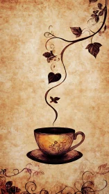 Tea cup illustration with curling vine and leaves motif.