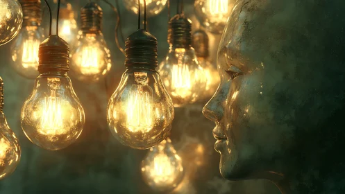 Metallic human head beside glowing vintage light bulbs.