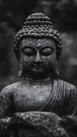 Quiet stone Buddha statue rests in deep, timeless meditation