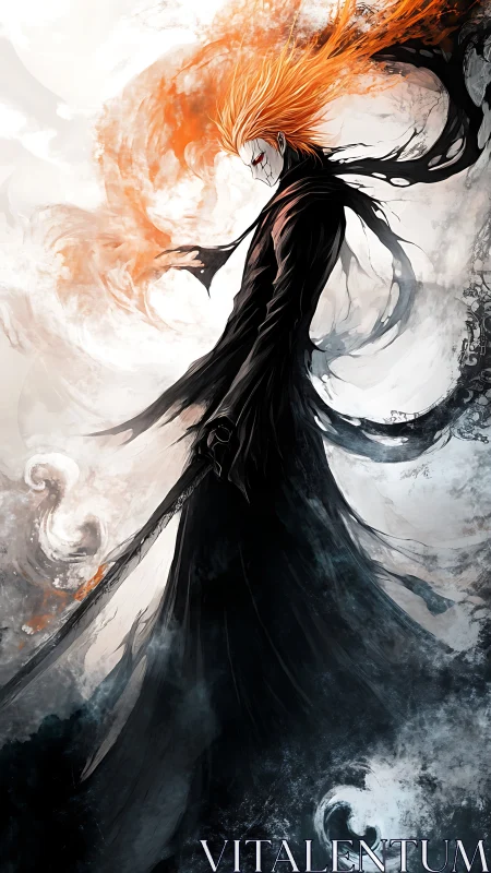 Storm-lit bladebearer wrapped in swirling shadowfire.