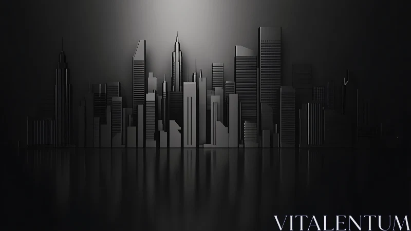Monochrome metropolis skyline with reflective noir glow.