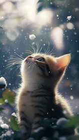 Kitten Gazes Upward at Falling Snow.