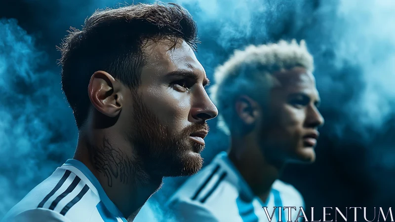 Smoke-draped football duos staring into charged blue horizons.