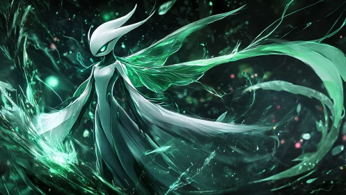 Ethereal humanoid entity commands luminous emerald energy field